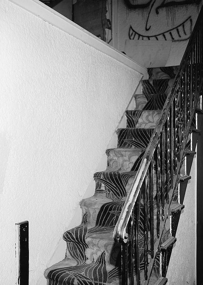 Whittier Theatre, Whittier California 1990 STAIRWAY INSIDE FORMER CAFE AREA, WITH EARLY CARPET