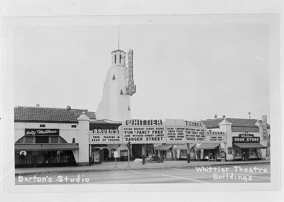 Whittier Theatre, Whittier California POSTCARD OF THE WHITTIER THEATRE COMPLEX, c. 1940