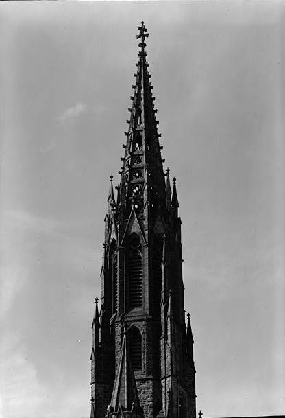 St. Louis Roman Catholic Church, Buffalo New York May 1965, DETAIL OF BELL TOWER AND STEEPLE FROM SOUTHWEST
