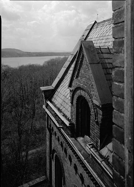 Wyndclyffe Mansion (Linden Grove), Rhinebeck New York DETAIL, WEST DORMER, SOUTH SIDE, SEEN FROM SOUTH SQUARE TOWER WINDOW, HUDSON RIVER IN BACKGROUND