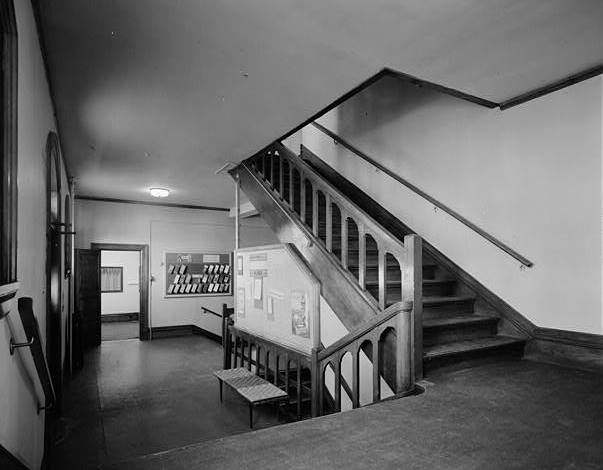 First Universalist Church, Rochester New York 1966, FIRST FLOOR, HALL AND STAIRS INSIDE NORTH ENTRANCE