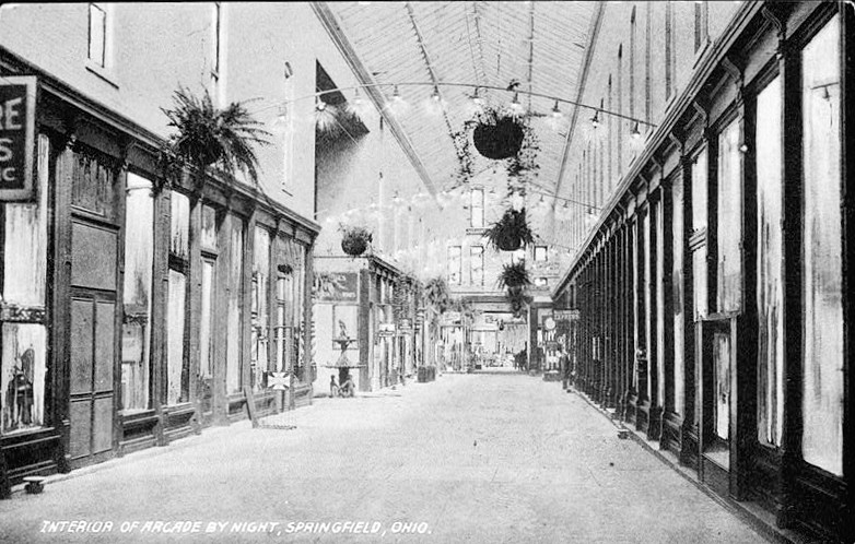 Arcade Hotel, Springfield Ohio Postcard (from the Clark County Historical Society, Springfield, Ohio, no date) INTERIOR OF ARCADE BY NIGHT, VIEW NORTH