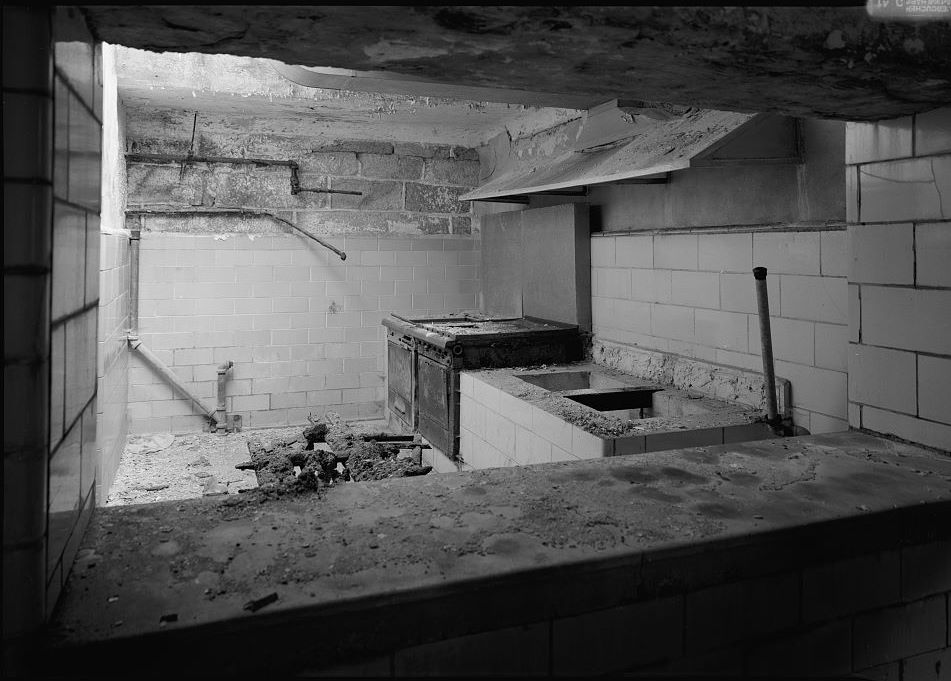 Eastern State Penitentiary, Philadelphia Pennsylvania Interior view, food distribution window, corridor to dining halls (1998)