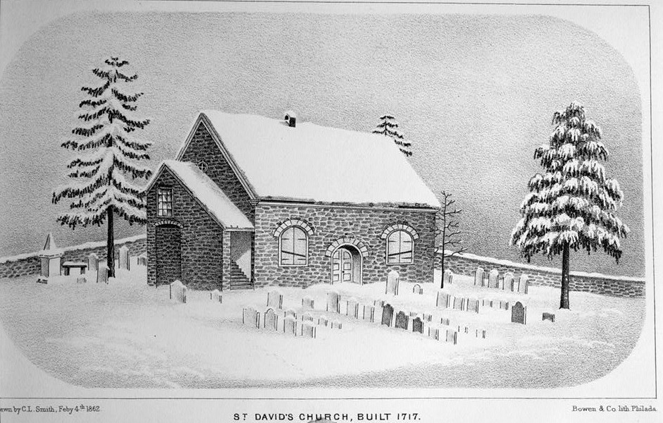 St. Davids Church, Radnor Pennsylvania 1862 LITHOGRAPH SHOWING ST. DAVID'S CHURCH IN WINTER SCENE