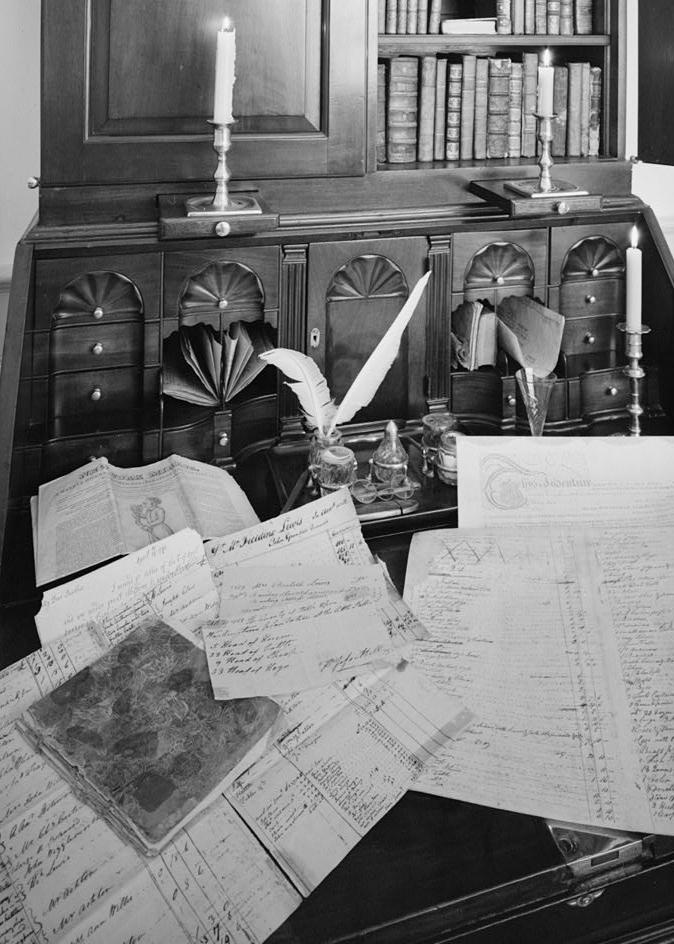 Kenmore House, Fredericksburg Virginia 1983  FIRST FLOOR, OFFICE, DETAIL OF DESK AND OF DOCUMENTS PERTAINING TO KENMORE
