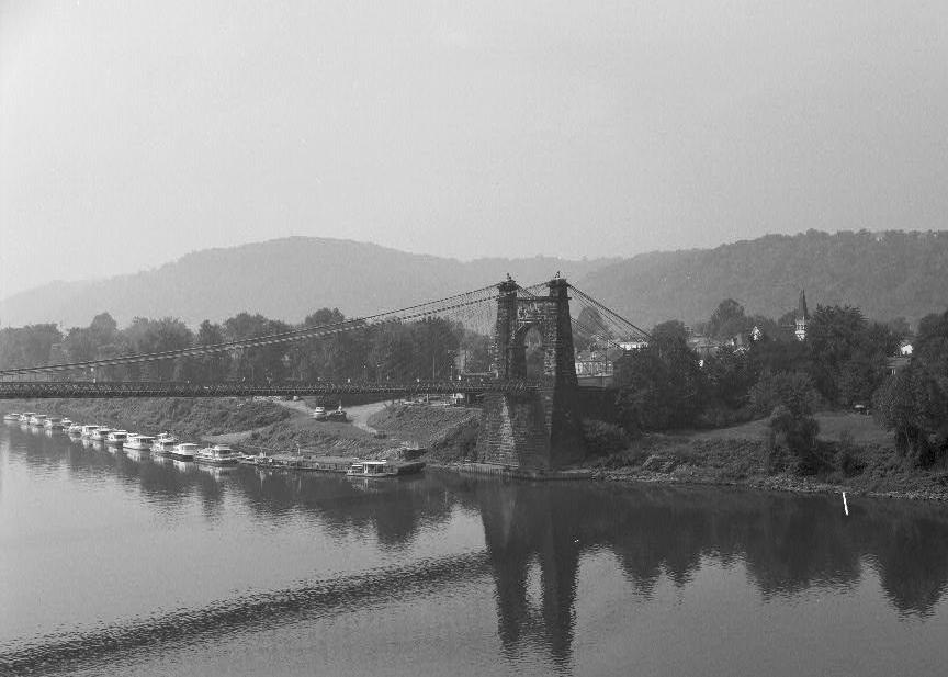 Wheeling Suspension Bridge, Wheeling West Virginia VIEW OF MADISON HALF OF BRIDGE, LOOKING SOUTHWEST. 1976