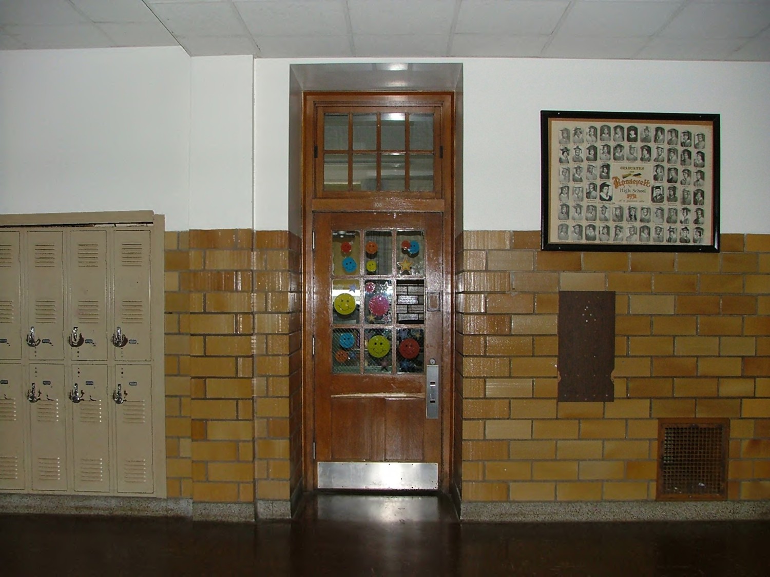 Theodore Roosevelt High School, Gary Indiana Classroom door with transom, 1930 section. Camera facing south (2012)