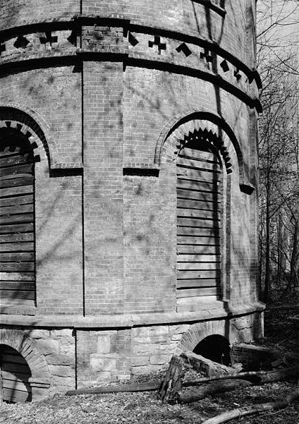 Wyndclyffe Mansion (Linden Grove), Rhinebeck New York DETAIL, BASE OF ROUND CORNER TOWER/BAY EAST QUADRANT, LOOKING WEST